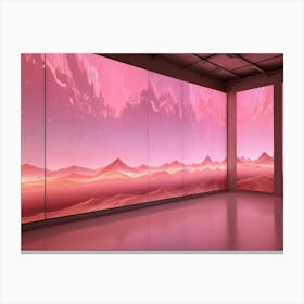 An Empty Room With A Large Wall Displaying A Digital Artwork Of A Pink Desert Landscape With Mountains Canvas Print