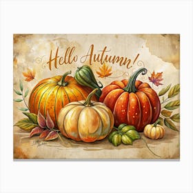 Autumnal Greeting With Pumpkins And Fall Foliage Canvas Print