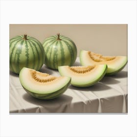 Realistic Depiction Of Two Whole Watermelons And Three Slices Of Cantaloupe On A White Tablecloth Canvas Print