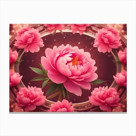 Pink Flower Framed By Pink Peonies And Surrounded By A Golden, Geometric Frame And Soft Light Canvas Print