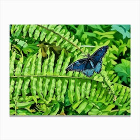 Blue Morpho Butterfly Resting on Ferns. A captivating blue morpho butterfly with shimmering wings sits gracefully on a vibrant green fern, surrounded by lush foliage that highlights the butterfly's iridescent beauty. Canvas Print