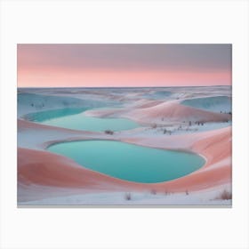 Two Large, Teal Lakes In A Snowy, Cratered Landscape Against A Pink Sunset, Creating A Dramatic And Unique Scene Canvas Print