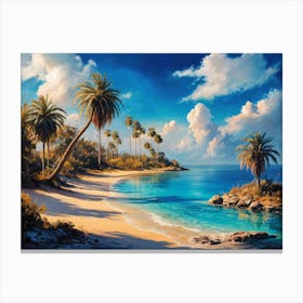 Oil painting of a mediterranean coastal landscape with a sand beach and palm trees 1 Canvas Print