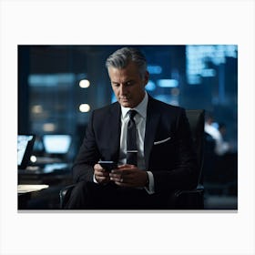 Businessman Sharp Suit Ultra Clear Texting On A Sleek Smartphone Indoor Setting Ambient Office 2 Canvas Print