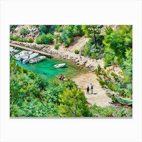 Cassis Calanque Port Miou. This image shows a serene coastal scene, likely a small Mediterranean inlet or calanque. Turquoise-green water contrasts with rocky, tree-covered cliffs and a sandy shoreline. Several small boats are anchored near a wooden pier, and people are enjoying the scenery, some in kayaks, others standing on the shore. Lush greenery surrounds the area, creating a peaceful, natural atmosphere. Canvas Print