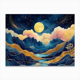 3d Modern Art with Night Landscape with Dark Mountains, Dark Black Background with Stars 1 Canvas Print