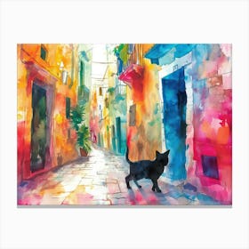 Bari, Italy   Black Cat In Street Art Watercolour Painting 3 Canvas Print