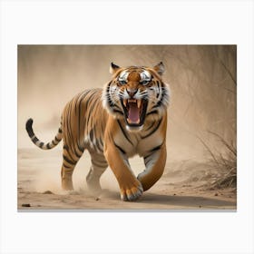 Photo Of A Tiger Roaring, Its Mouth Open, Showing Its Teeth And Tongue Canvas Print