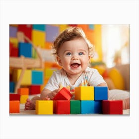 Baby Smiling Engaging With Vibrant Blocks Of Primary Colors Soft Focus Background Enhancing The Ch Canvas Print