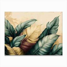 Vintage Tropical Green Brown Leaves, Beige Background, Golden Texture 5 Canvas Print