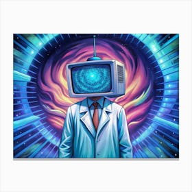 Man With Tv Head In Front Of Space Portal Canvas Print