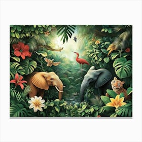 Elephants In The Jungle. 3D Jungle Scene with Exotic Animals art Canvas Print