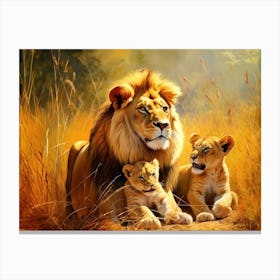 African Lion With Cubs Realism Painting 3 Canvas Print