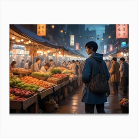 A Man With Backpack Walking Through A Busy Night Market Canvas Print