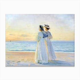 Vintage Painting Two Women On The Beach Canvas Print