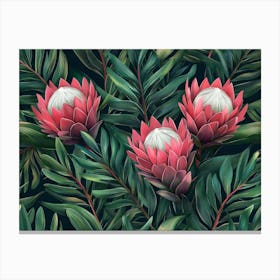 Tropical Exotic Seamless Pattern With Protea Flowers In Tropical Leaves 1 Canvas Print