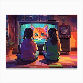 Two Girls Watching Tv - Retro art Canvas Print