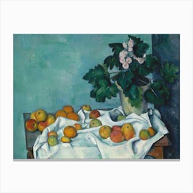 Still Life With Apples And A Pot Of Primroses, By Paul Cezanne, 1890, French Post Impressionism Canvas Print