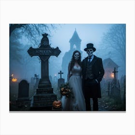 Halloween Theed Wedding Announcement Fog Enshrouds A Dilapidated Signboard Proclaiming The Union Of (2) Canvas Print