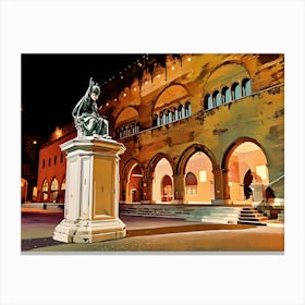 Nighttime Statue and Arcades in Rimini citycenter. The image depicts a statue of a seated figure, possibly a historical figure or a religious icon, standing on a pedestal in a public square. The statue is made of bronze or a similar material and is illuminated by the soft glow of streetlights. The statue is positioned in front of a grand building with a series of arched doorways, creating a sense of depth and grandeur. Canvas Print