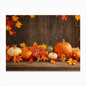 Autumn Themed Table Decoration Scattered Maple Leaves In Warm Shades Intermixed With Small Pumpkin (3) Canvas Print