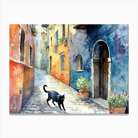 Black Cat In Udine, Italy, Street Art Watercolour Painting 4 Canvas Print