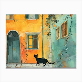Black Cat In Caserta, Italy, Street Art Watercolour Painting 2 Canvas Print