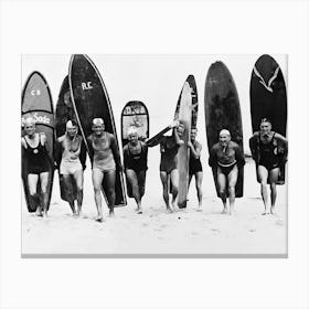 Surfers, Men With Surfboards, Vintage Black and White Old Photo, Vintage Beach Art Canvas Print