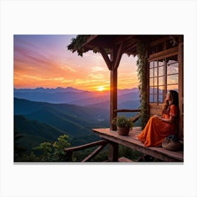 Woman Basking In The Serene Ambiance Of A Sunset Mountain Porch As Her Viewing Platform Warm Glow (1) Canvas Print