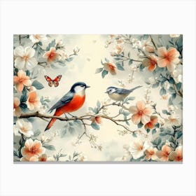 Two Birds Perched On A Branch Canvas Print