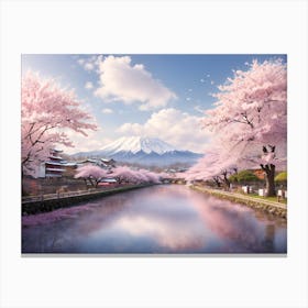 Cherry Blossom Bliss: A Beautiful Wall Art of Mount Fuji in Spring Canvas Print