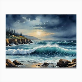 The Wild Dance of the Waves Ocean Waves At Night Canvas Print