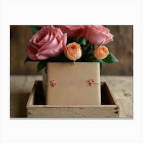 Pink Roses In A Wooden Box Canvas Print