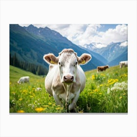 A Closeup On A Pure White Cow Ambling Leisurely In A Verdant Alpine Meadow The Beast Exuding Pure C 2 1 Canvas Print