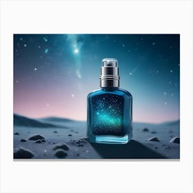 A Blue Glass Bottle Of Perfume On A Rocky Surface With A Background Of A Starry Night Sky Canvas Print