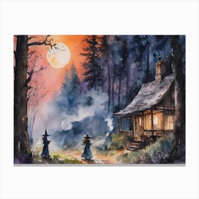 Sunset Mischief - witches causing mayhem as the sun goes down, I wonder who annoyed them? Witchy fairytale Storybook watercolour artwork painting - spellcasting in the forest Canvas Print