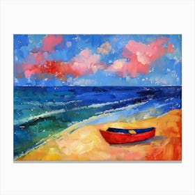 Red Boat On The Beach Oil Painting Canvas Print