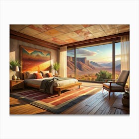 A Bedroom With Wooden Furniture, A Large Window Overlooking A Mountain Range, And A Warm, Inviting Atmosphere Canvas Print