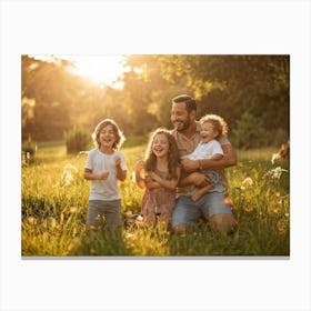 Family Portrait Composed Of Woman Radiating Joy And Man Laughing With Their Children In A Lush Gard 2 Leinwandbild