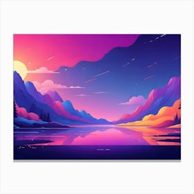 A Vibrant, Colorful Landscape With A Lake, Mountains, And Trees Rendered In A Graphic Style Canvas Print