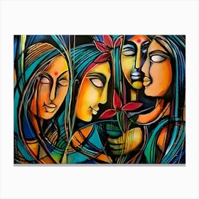 Three Women By Sanjay Kumar, Abstract Painting, Acrylic On Canvas, Brown Color Canvas Print