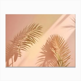 Two Palm Leaves With Their Shadows Cast On A Peach Colored Background Canvas Print