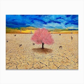 Surreal Cherry Blossom Tree In Barren Desert Gives Hope Canvas Print