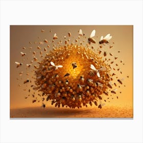 A Spherical Beehive Covered In Honeycombs And Swarming With Bees Against A Golden Background Canvas Print