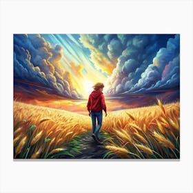 Man Walking In A Wheat Field With Dramatic Sky Canvas Print