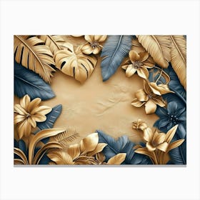 3d Tropical Leaves Art Background Golden 1 Canvas Print