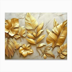 3d Gold Floral Plants And Palm Tropical Leaves Canvas Print