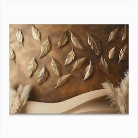 Rustic 3d Textured Art with Almond Brown Background, Faded Brass Feathers and Abstract Sandy Dunes Canvas Print