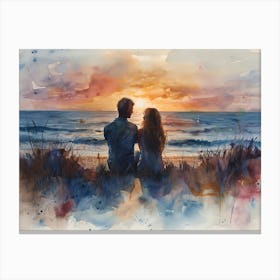 Watercolor Of Couple At Sunset Canvas Print