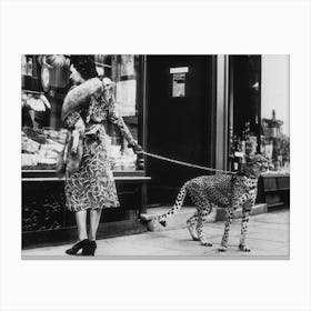 Cheetah And Woman, Leopard On A Leash, Black and White Old Photo, Vintage Fashion Canvas Print